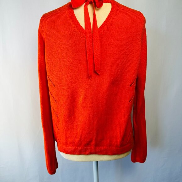 Anthropologie Moth Sweater Womens S Orange Pullover Tie Back V-Neck Open Knit - Picture 10 of 16